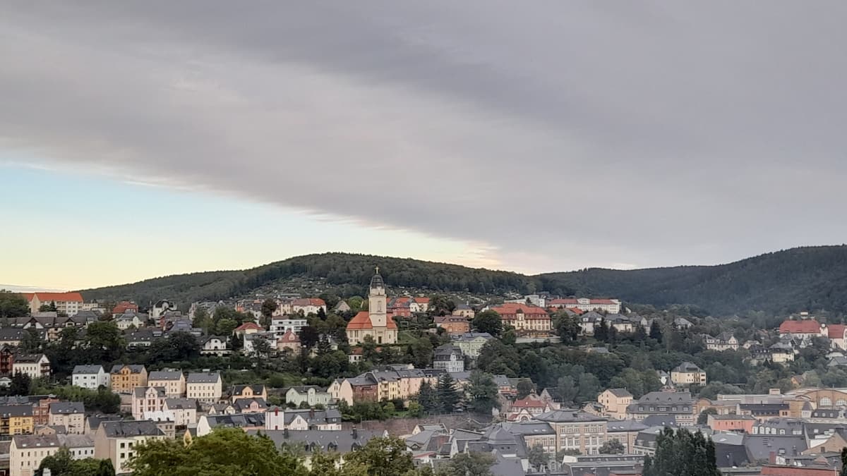Blick über die Dächer von Aue im Erzgebirge auf den Stadtteil Zelle mit Kirche am Hang, darüber bewaldete Berge und eine dunkle Wolkendecke.